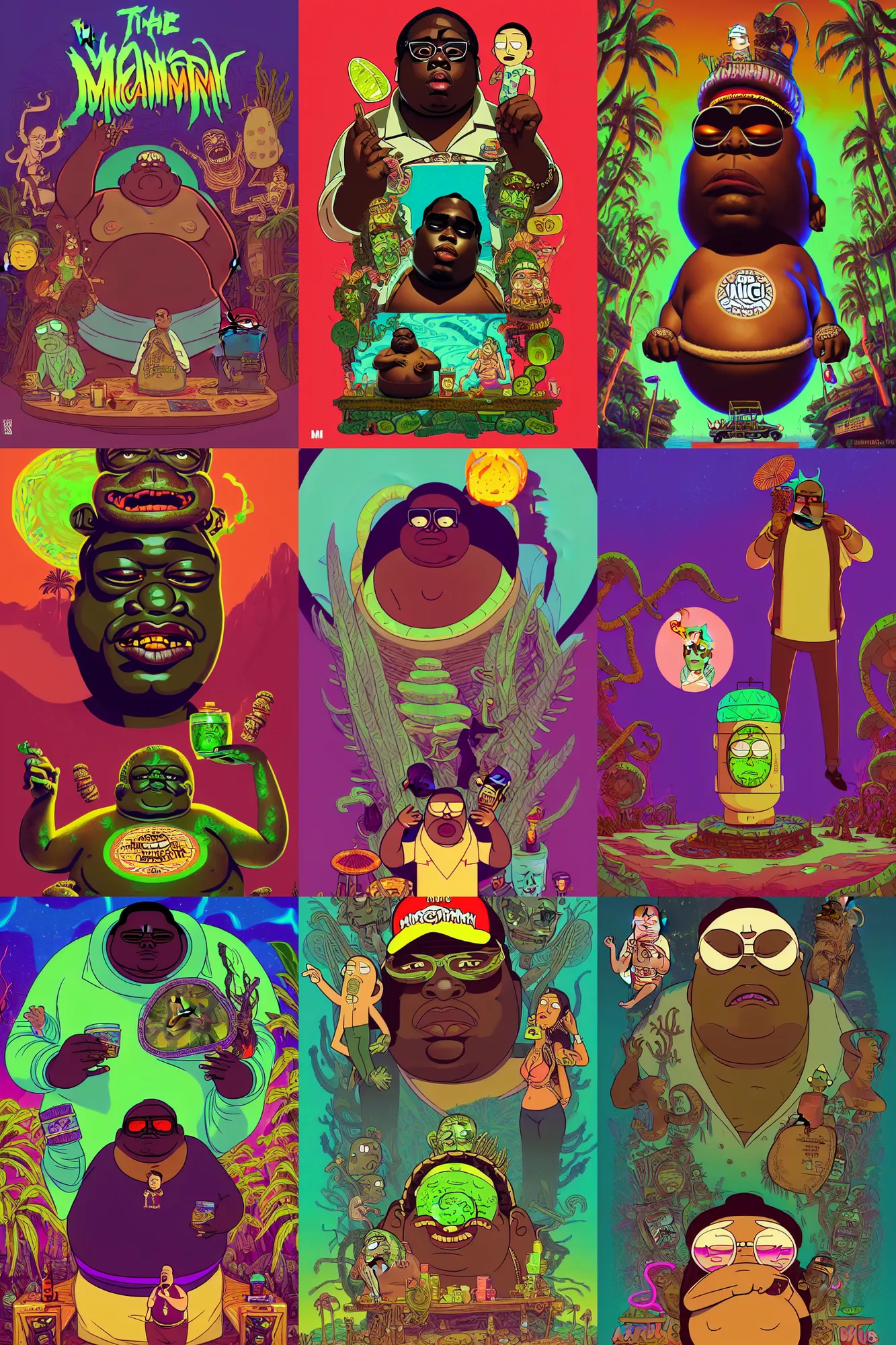 Prompt: the notorious b. i. g. as trader vic's tiki mug, ayahuasca dmt lsd mushrooms astral journey, rick and morty pickle rick, shaded lighting poster by magali villeneuve, artgerm, jeremy lipkin and michael garmash, rob rey and kentaro miura style, trending on art station