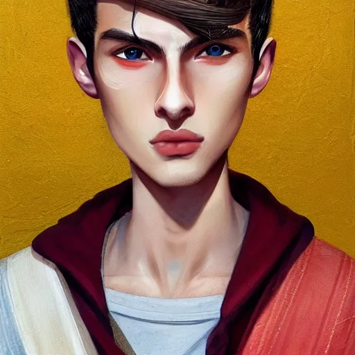 Image similar to colorful Captivating teenage boy with brown blond short quiff hair and thin facial structure with cleft chin, good definition of cheekbones, Alert eyes, narrow face, brown eyes with red eye markers, slim body, wearing a detailed Japanese kimono with golden details, atmospheric lighting, painted, intricate, 4k, highly detailed by Charlie Bowater