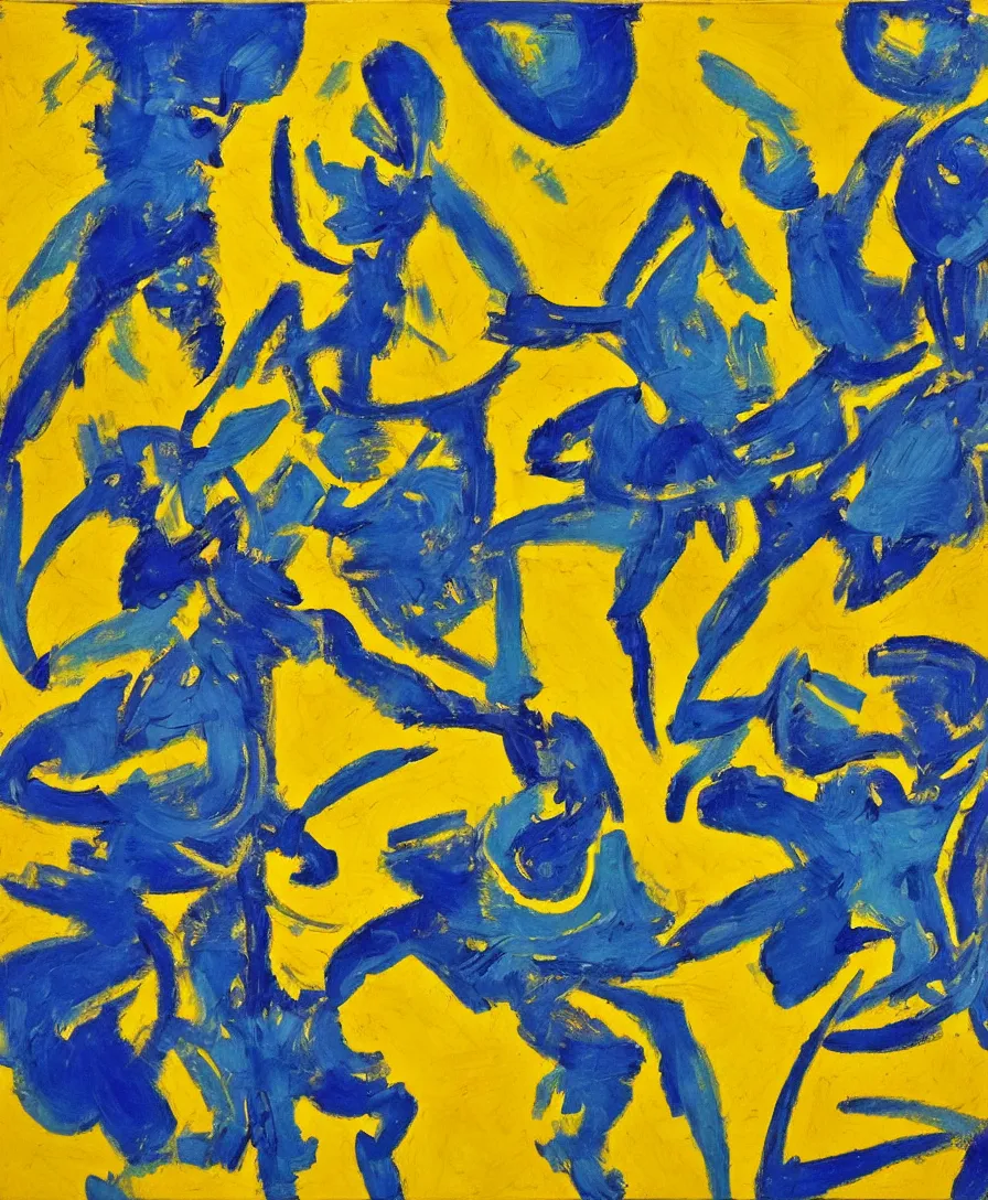 Prompt: blue and yellow warrior defeats satan, expressive abstractionism, many small saturated hard relief strokes of oil on canvas with high detail