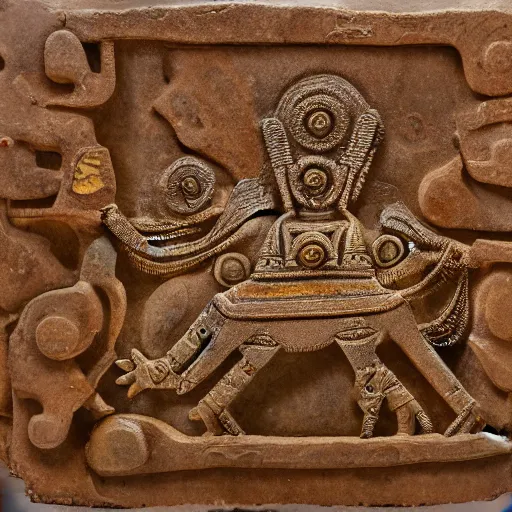 Image similar to section of a decorative stone panel depicting ufo. Hindu artifact by Pacal Votan. 4K high quality museum collection photograph