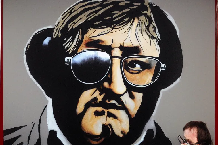 Image similar to gabe newell painted by banksy