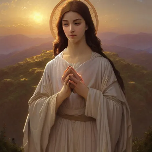 Image similar to christ on the mountain, landscape, intricate, elegant, highly detailed, digital painting, artstation, concept art, smooth, sharp focus, illustration, art by artgerm and greg rutkowski and tomas scholes and william - adolphe bouguereau