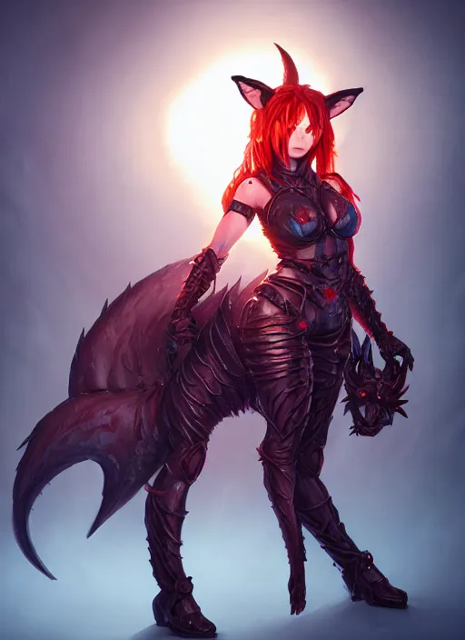 Image similar to imp demon goddess, cute fox ears, leather armor, character portrait in the style of thomas river and artgerm, cinematic lighting, hyperdetailed, 8 k realistic, symmetrical, global illumination, radiant light, frostbite 3 engine, cryengine, trending on artstation, digital art, chanel