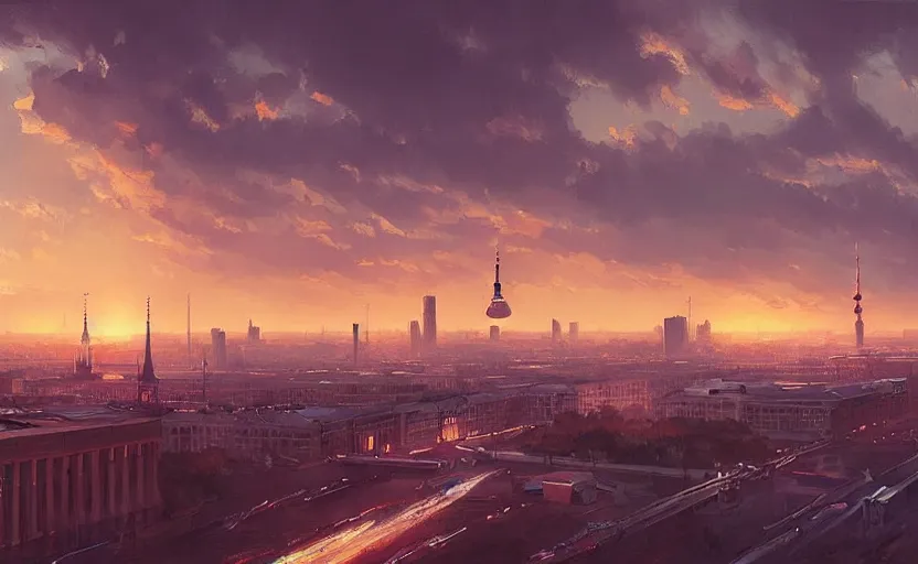 Prompt: painting of skyline of berlin at sunset, natural light, concept art, by greg rutkowski, cozy atmospheric and cinematic lighting