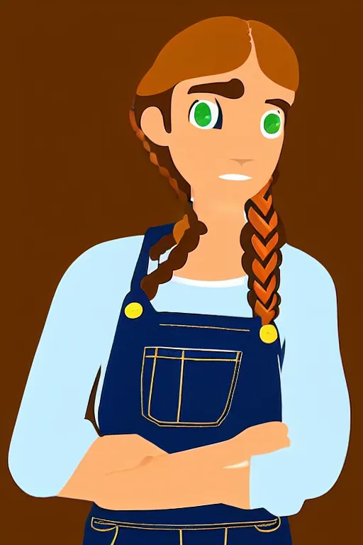 Prompt: complete view of the character design of a beautiful female young farmer with long brown braided hair and a beautiful face, wearing blue jean overalls, in the style of pixar, disney