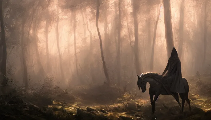 Image similar to A beautiful painting of a the headless horseman wearing a flowing cloak in a magical forest, ray traced sun light, by greg rutkowski and Kalin Popov , Trending on artstation HD.