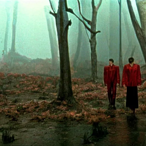 Image similar to a forest, in the background there is a young man wearing red clothes. still from blade runner.