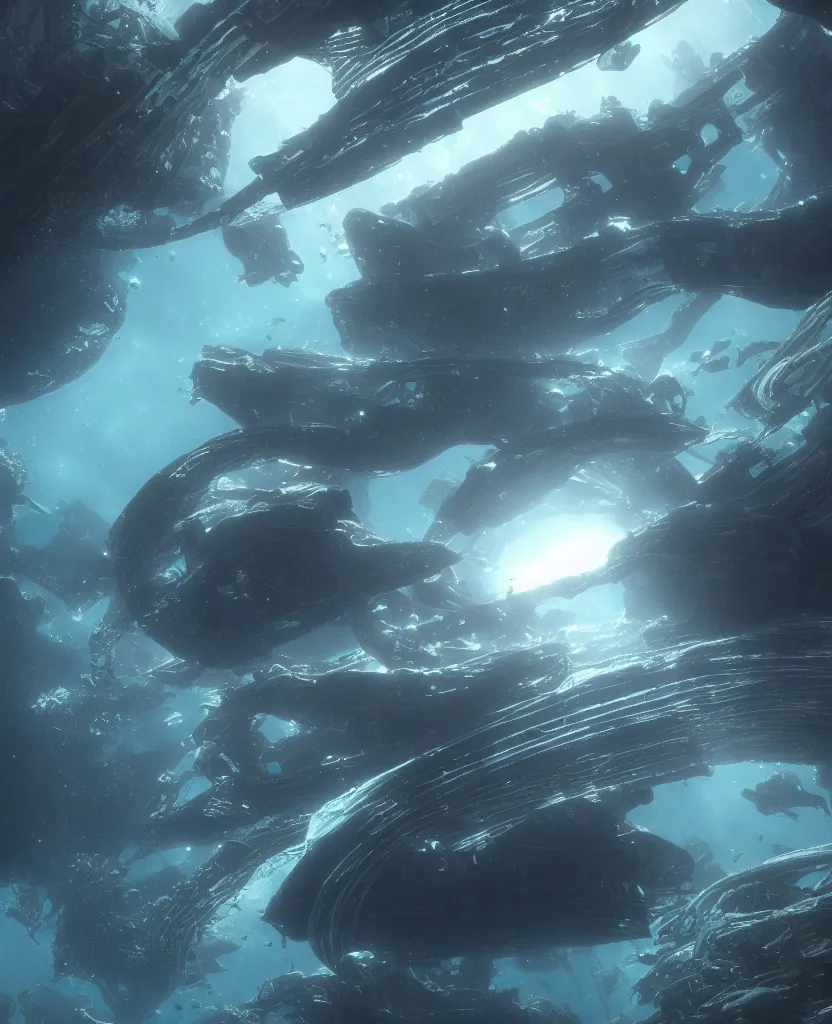 Image similar to white disc - shaped spacecraft submarine, fusion of subnautica and star trek, flying through a spectacular exotic underwater kelp forest canyon, schools of fish, in the style of john eaves ron walotsky ralph mcquarrie, soft natural volumetric lighting, realistic 4 k unreal engine 5 beautifully detailed render, 4 k post processing, trending on artstation