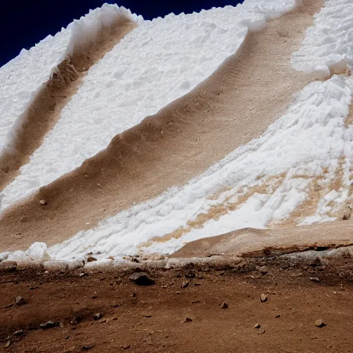 Image similar to mound of salt shaped mount everest, cracked desert background. somber. haunting. 40mm lens, shallow depth of field, split lighting