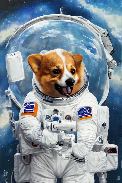 Image similar to corgi astronaut, oil on canvas, intricate, portrait, 8 k highly professionally detailed, hdr, cgsociety