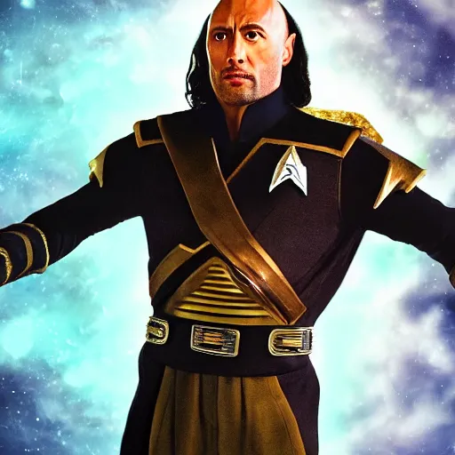 Image similar to a full body portrait of the rock as a klingon star fleet officer from star trek next generation dressed in full uniform, ultra rendered extreme realism and detail, 8 k, highly detailed, realistic, completely framed, hyper realistic, colorful, direct lighting, 3 5 mm photo, photorealistic, sharp focus