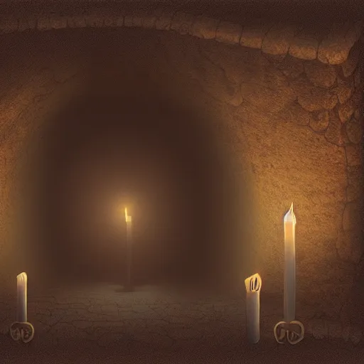Prompt: underground cavernous necropolis with a candle illuminating it, digital painting, soft lighting, brown tint, gloomy, photorealistic