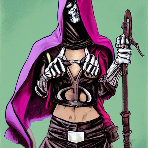 Prompt: female assassin with a hood, gaiter and skeleton spandex, by tom bradstreet