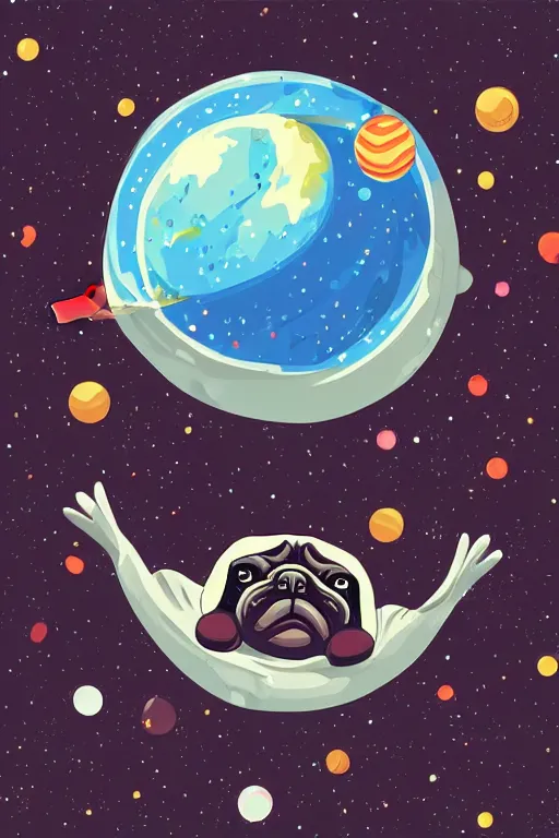 Image similar to planet pug floating in space, art by iktor miller gausa, sticker, colorful, illustration, highly detailed, simple, smooth and clean vector curves, no jagged lines, vector art, smooth