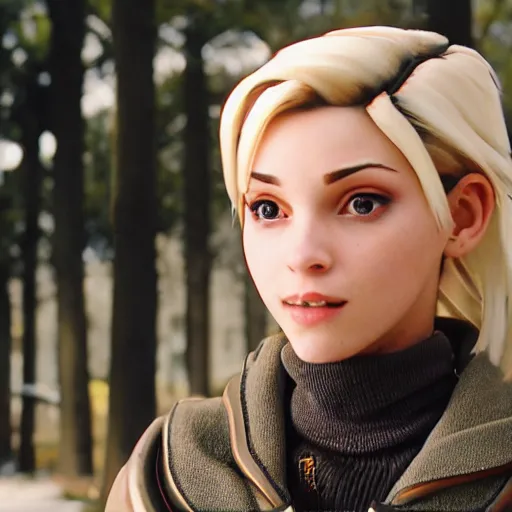 Image similar to film still of a beautiful young woman who looks like a mercy from overwatch in a movie by michel gondry, random background scene