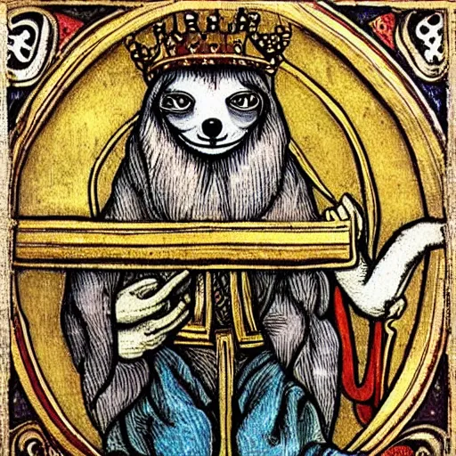 Image similar to sloth as the king of cups, framed, intricate details, medieval art style