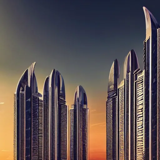 Prompt: “most advanced Dubai city dramatic lighting detailed beautiful sunset lights birds clouds proportional symmetrical minimalism photorealistic sky render octane architecture design planning”