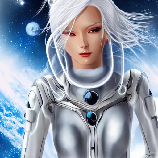 Image similar to beautiful white haired woman dressed in see through space suit in the style of zezhou chen highly detailed, smooth, sharp focus