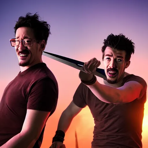 Image similar to Markiplier and Jacksepticeye fights each other with swords during a sunset, cinematic lighting, photorealistic,