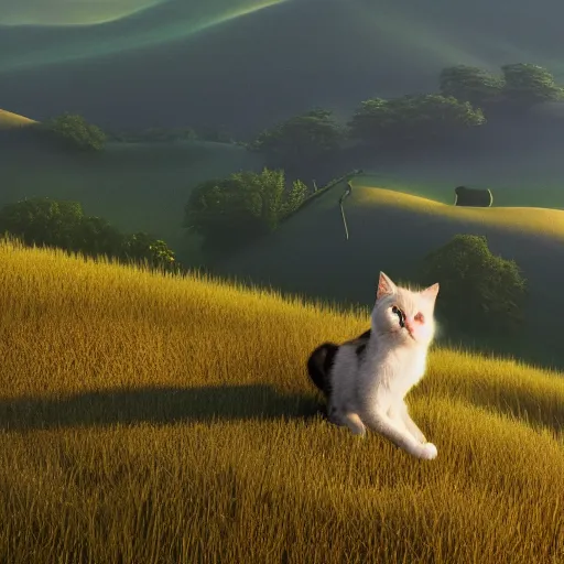 Image similar to an image of a cat on a hill in a rural appalachian landscape, octane render, detailed, 8 k resolution, hyperrealistic