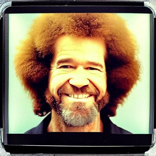 Image similar to Mugshot Portrait of Bob Ross, taken in the 1970s, photo taken on a 1970s polaroid camera, grainy, real life, hyperrealistic, ultra realistic, realistic, highly detailed, epic, HD quality, 8k resolution, body and headshot, film still, front facing, front view, headshot and bodyshot, detailed face, very detailed face