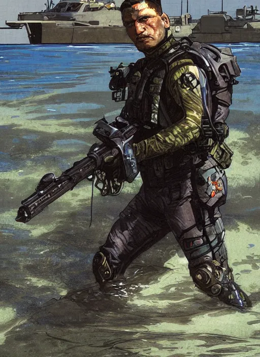 Prompt: Hector. USN blackops operator emerging from water at the shoreline. Operator wearing Futuristic wetsuit and looking at an abandoned shipyard. Frogtrooper. rb6s, MGS, and splinter cell Concept art by James Gurney, Alphonso Mucha. Vivid color scheme.