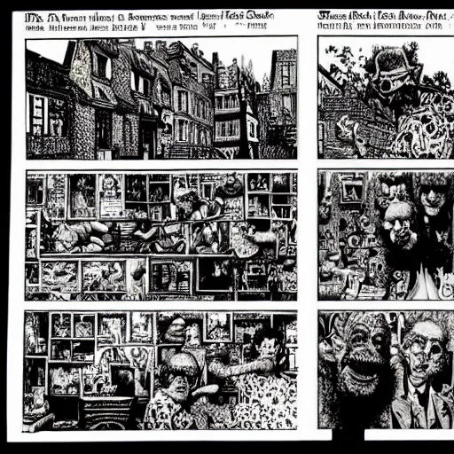 Image similar to a six panel pen and ink surrealist comic strip robert crumb jack davis mc escher masterpiece perfect composition very strange - w 1 0 2 4