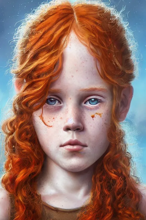 Prompt: a digital matte painting of an young girl, with curly red hair, freckles, and pensive look, by magali villeneuve