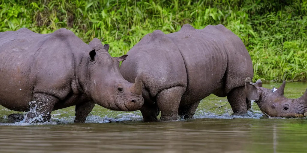 Image similar to a hippo with a rhino horn, in a river in the jungle, extremely high fidelity, natural lighting