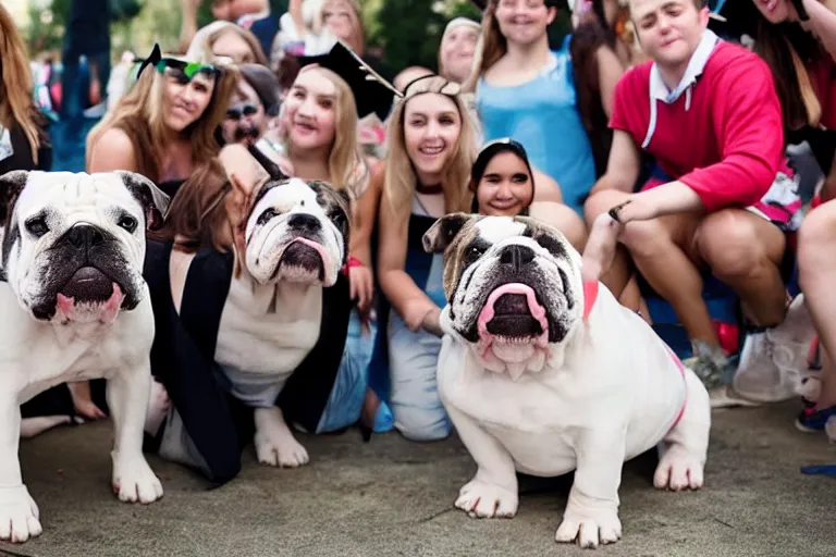 Image similar to a crowd of high school graduates petting an english bulldog wearing a crown, english bulldog wearing a plastic crown