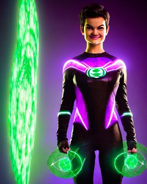 Prompt: photos of beautiful actress Brianna Hildebrand as a real life soranik natu soaring thru outer space as a Green Lantern, Brianna Hildebrand, photogenic, purple skin, short black pixie like hair, photography, studio lighting, cinematic