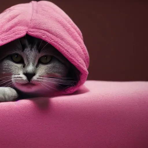 Prompt: a Little cat wearing a pink hoodie sitting on a couch, trending on artstation, HDR, nicely detailed, 8k, Instagram photo
