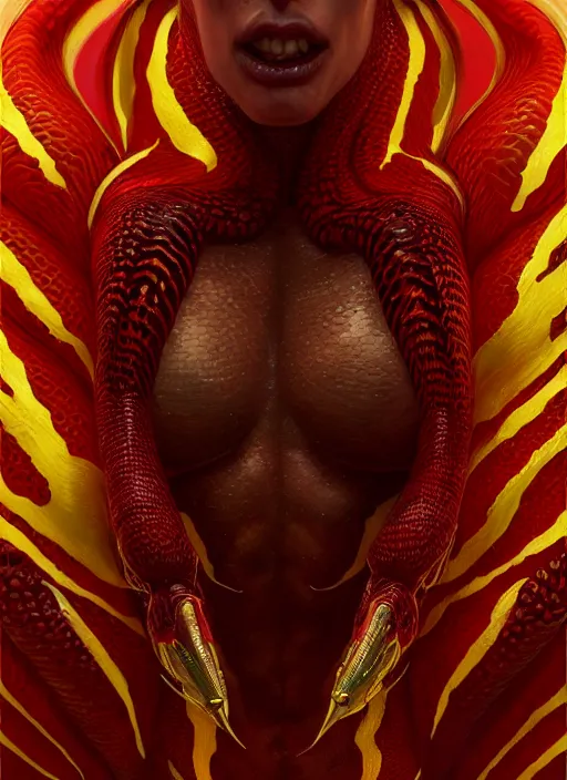 Prompt: female red and gold venom, naturel, hyper detailed, digital art, trending in artstation, cinematic lighting, studio quality, smooth render, unreal engine 5 rendered, octane rendered, art style by klimt and nixeu and ian sprigger and wlop and krenz cushart