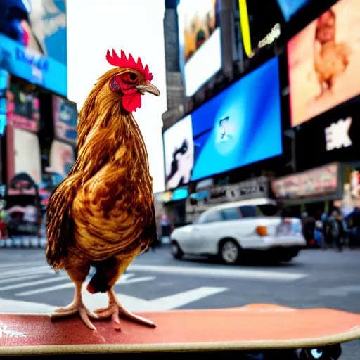 Prompt: a very detailed chicken riding a skateboard in times square, high quality, dslr up close picture