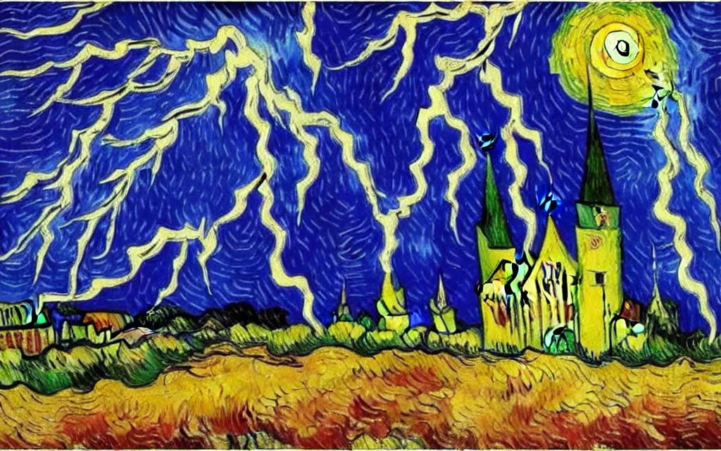 Prompt: expressionist oil painting by van gogh of lightning storm over a tall gothic church, landscape painting, expressionism, 8 k resolution detailed art, small brushstrokes, watercolor palette