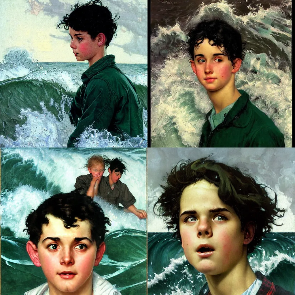 Prompt: photograph of a teenage boy with black hair and sea green eyes standing in the eyes of a Hurricane as waves and water crash around him by Norman Rockwell, WLOP. Masterpiece. Rule of thirds