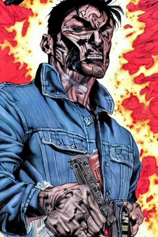 Prompt: ultra violent comic book cover of a contract killer named cobalt. he wear a denim jacket over a bloody white shirt. he has a scar up the side of his face. art by glenn fabry.