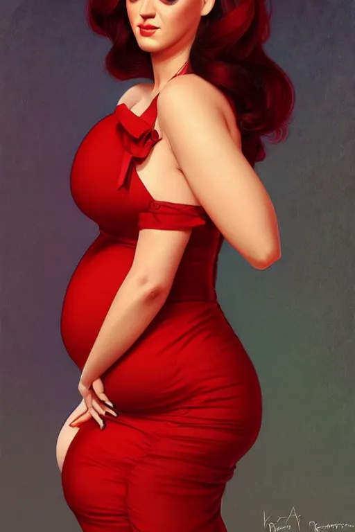 Image similar to pregnant katy perry in a red dress, realistic portrait, symmetrical, highly detailed, digital painting, artstation, concept art, smooth, sharp focus, illustration, cinematic lighting, art by artgerm and greg rutkowski and alphonse mucha