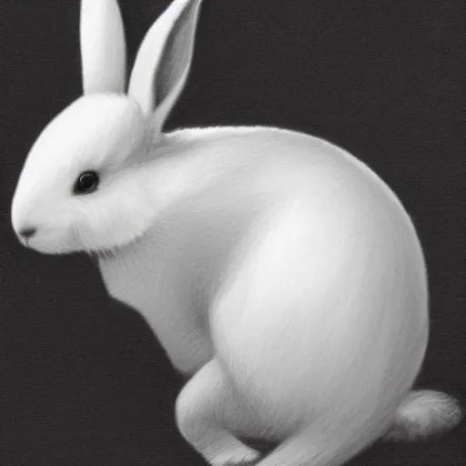 Prompt: A pencil drawing of a white rabbit, black background.