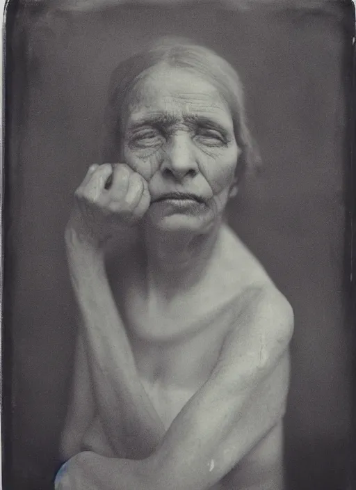 Image similar to portrait of a blind women, hyperrealism, photo realistic, detailed, award winning photograph, cinematic lighting, ambrotype wet plate collodion by richard avedon and shane balkowitsch