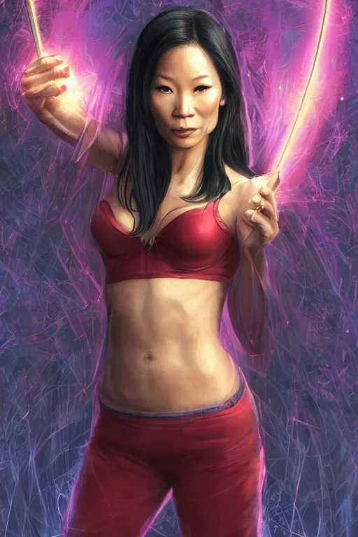 Image similar to frontal standing pose portrait of Lucy Liu as Sabrina the Teenager Witch, very beautiful young woman, straight hair, push-up underwire. Intricate, concept art, magic lighting overlays, magical portal opened, D&D!, fantasy style, sharp focus!, ultra detailed, art by Artgerm and Peter Andrew Jones, WLUP, Magali Villeneuve