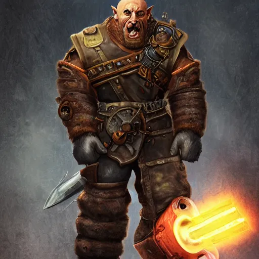 Image similar to portrait of a muscular, bald orc mechanic, wearing a heavy brown leather coat, wielding a wrench, steampunk setting, gears, airship, Warcraft character, dramatic lighting, high detail, digital art