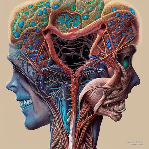 Prompt: nightmare etherreal iridescent vascular nerve bundles pearlescent spinal chord horror by Naoto Hattori, Zdzislaw, Norman Rockwell, Studio Ghibli, Anatomical cutaway