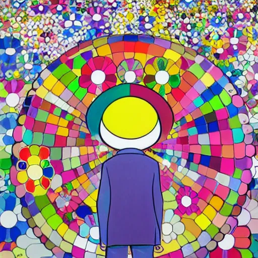 Image similar to man walking across bridge, bright colors, Takashi Murakami, Minimalist,