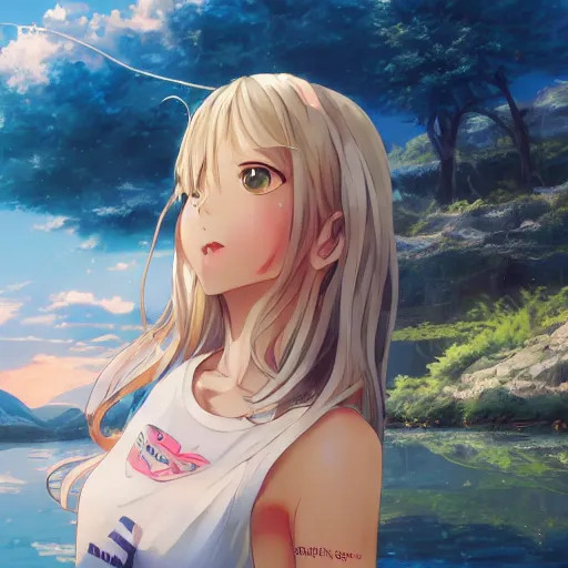 Image similar to a very beautiful anime girl, full body, long wavy blond hair, sky blue eyes, full round face, short smile, cute top, short jeans, summer lake setting, cinematic lightning, medium shot, mid-shot, highly detailed, trending on Artstation, Unreal Engine 4k, cinematic wallpaper by Stanley Artgerm Lau, WLOP, Rossdraws, James Jean, Andrei Riabovitchev, Marc Simonetti, and Sakimichan