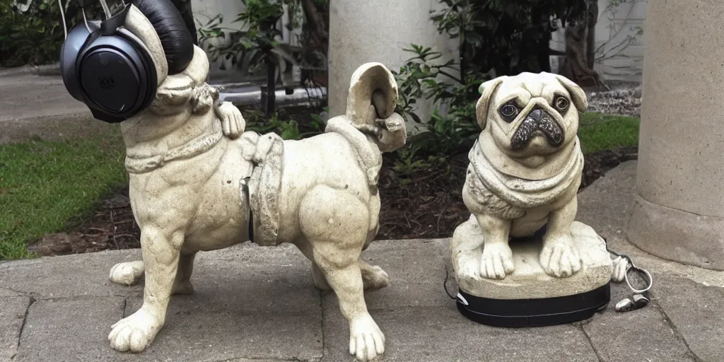 Prompt: roman statue of a pug with headphones and boom box