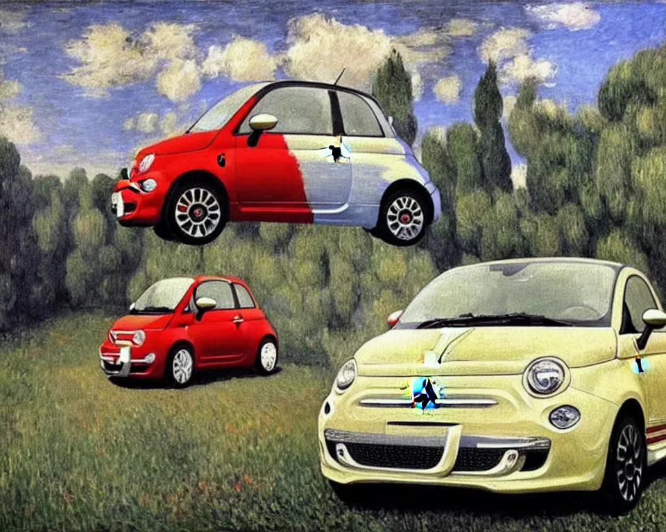 Image similar to achingly beautiful painting of a 2 0 1 3 fiat 5 0 0 abarth by rene magritte, monet, and turner. whimsical.