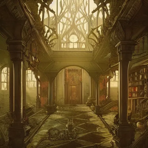 Image similar to intricate detailed victorian goth interior of a vintage 1 9 7 0 s hospital by peter mohrbacher and dan mumford, cgsociety