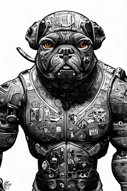 Image similar to cyborg bulldog cartoon concept art, high - contrast, intricate, elegant, highly detailed, digital painting, artstation, concept art, smooth, illustration