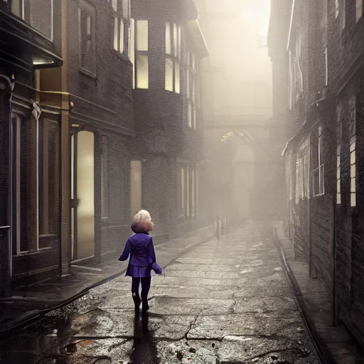 Image similar to halfling private investigator walking down a Victorian rainy alley in a trenchcoat , artstation, detailed, hyper realistic, 8k, digital art, cinematic